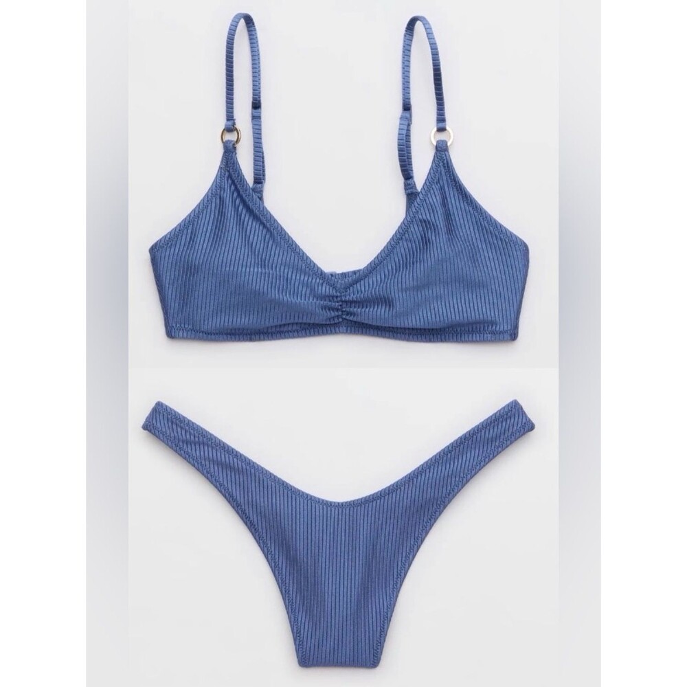NWT Aerie FULL SET Beach Babe Shine Rib Voop Top + Thong Bottoms Marble Blue - M